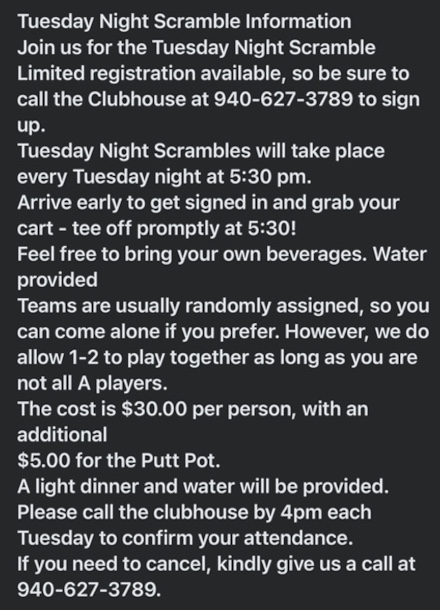 Decatur Golf Club | Events - (August 2024) Decatur Golf Club Events – (August 2024) DGC (2024) Tuesday Night Scramble (Event / Information)