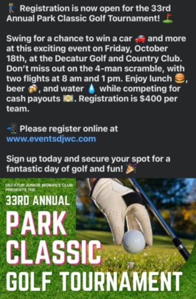 Decatur Golf Club | Events - (August 2024) Decatur Golf Club Events – (August 2024) DGC (October 18th, 2024) DJWC Decatur Junior Women's Club (Event / Information)