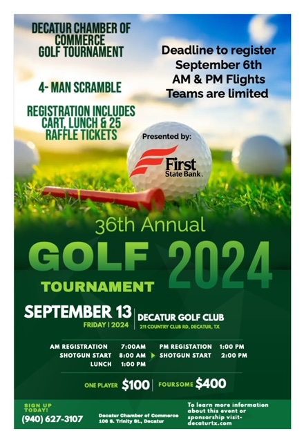 Decatur Golf Club | Events - (August 2024) Decatur Golf Club Events – (August 2024) DGC (September 13th, 2024) 35th Annual Decatur Chamber Golf Tournament (Event / Poster)